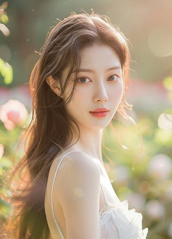 꽃밭 배경의 긴 머리 여성 모델